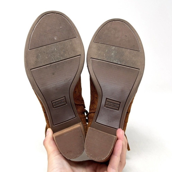 TOMS Suede Booties Cinnamon Brown Peep Toe Majorca Perforated Fringe Women’s 7 - Picture 10 of 12